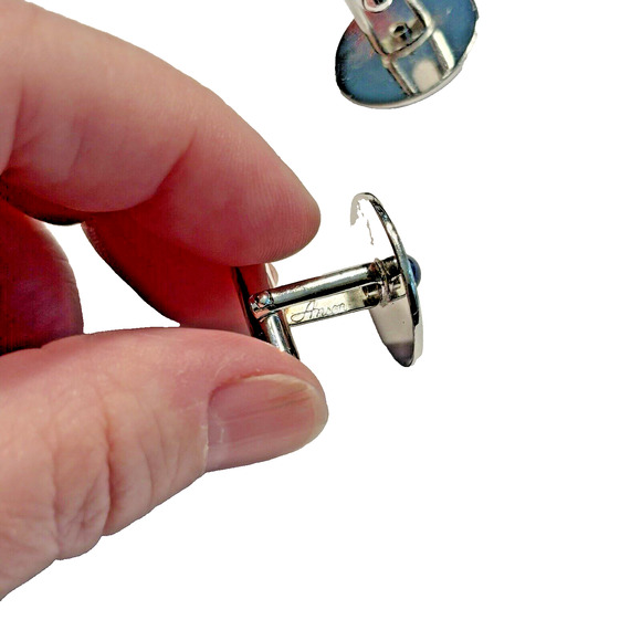 Vintage Anson Sterling Silver Cufflinks Brushed Discs with Blue Center Stones - Picture 4 of 7
